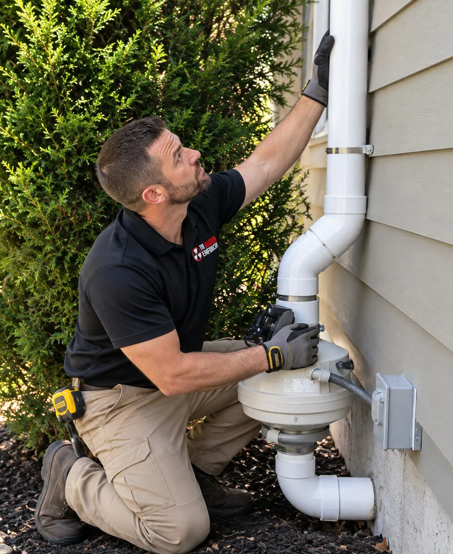 Technician checking an exterior radon mitigation fan and PVC pipe beside a house