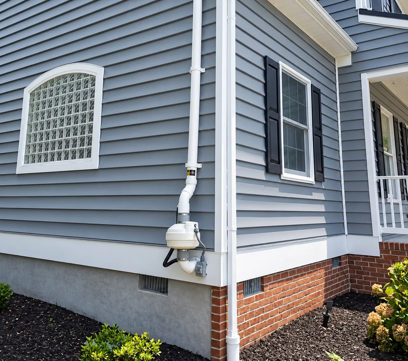Radon mitigation pipe and fan on the side of a York County home