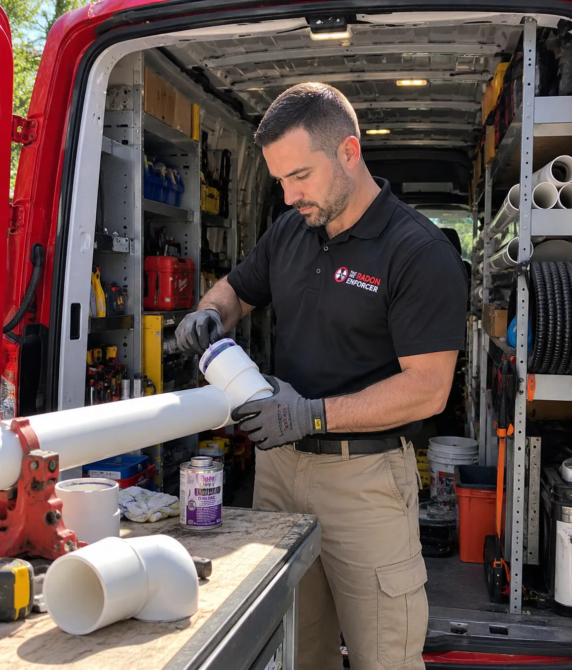 Technician fitting white radon mitigation pipe at the back of a work van